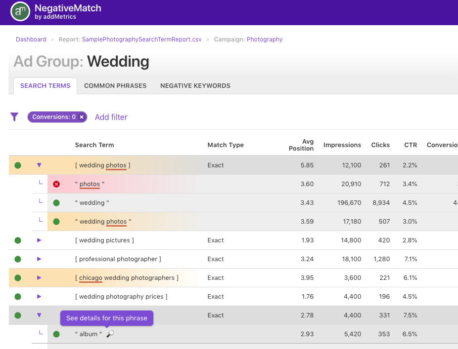 Negative Keywords Match Type Search Term Tool